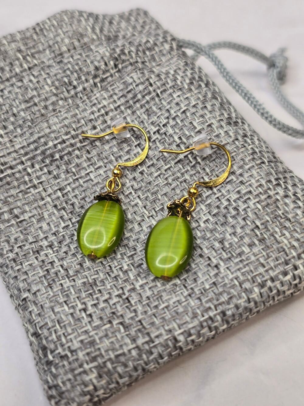 Gold Tone and Green Dangle Earrings